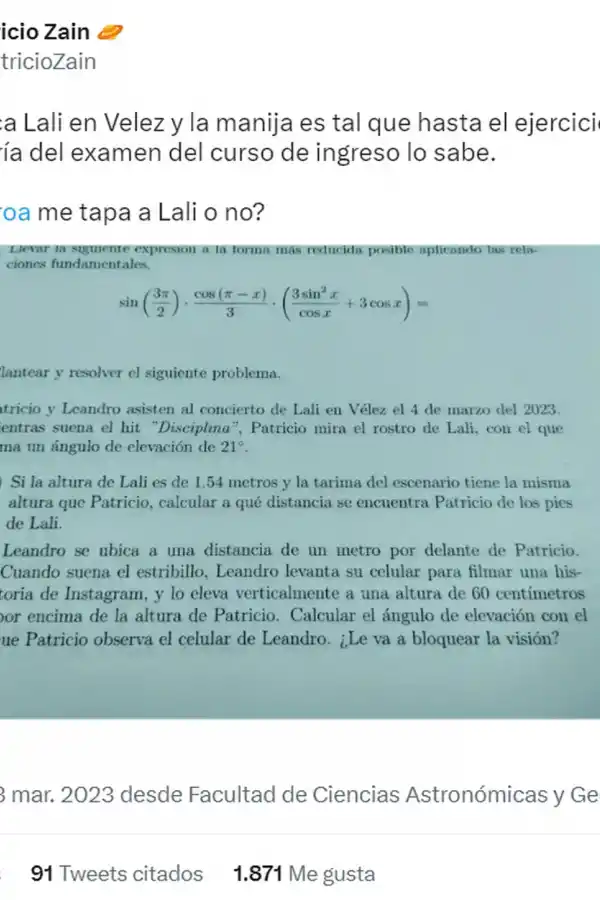 Un profesor de matemática incluyó a Lali Espósito en un examen y fue viral en las redes