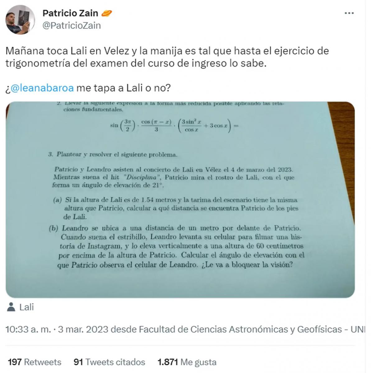 Un profesor de matemática incluyó a Lali Espósito en un examen y fue viral en las redes