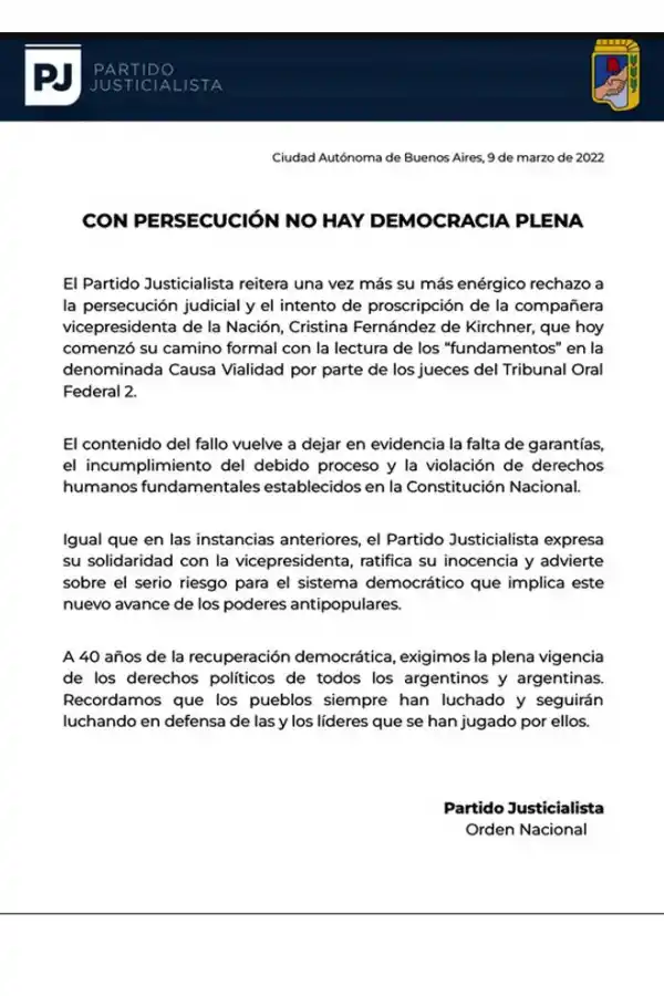 Con persecución no hay democracia plena: el repudio del PJ a la condena de Cristina Kirchner