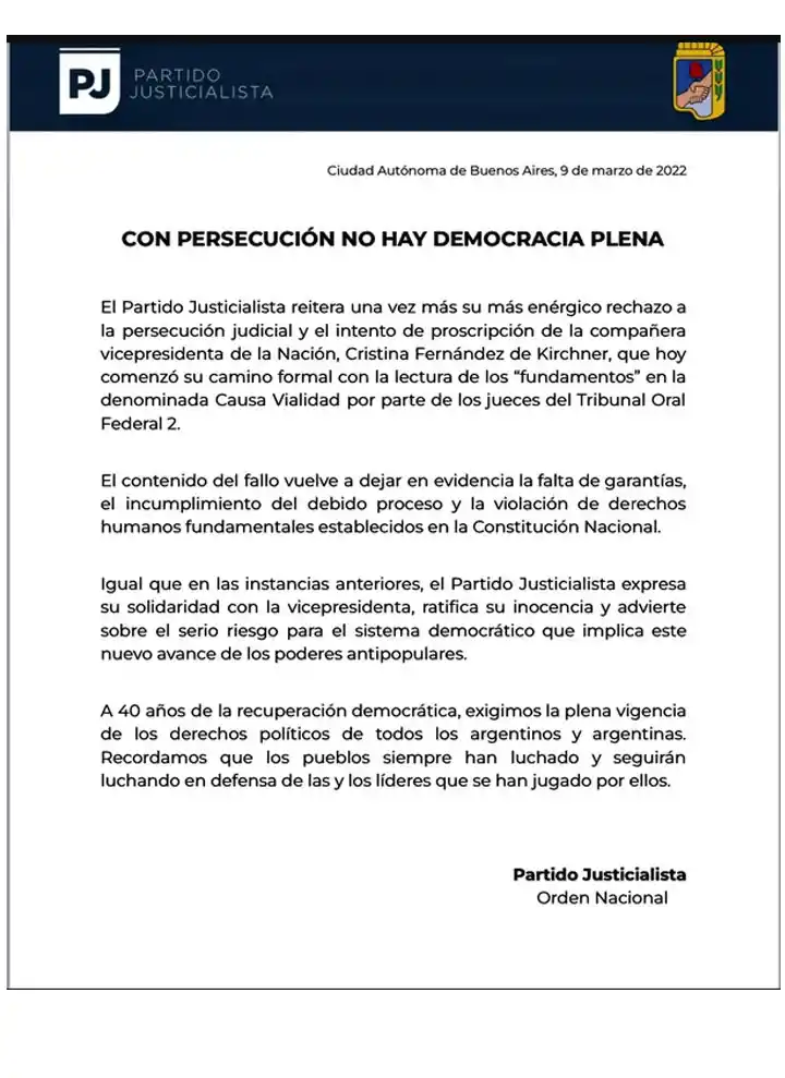 Con persecución no hay democracia plena: el repudio del PJ a la condena de Cristina Kirchner