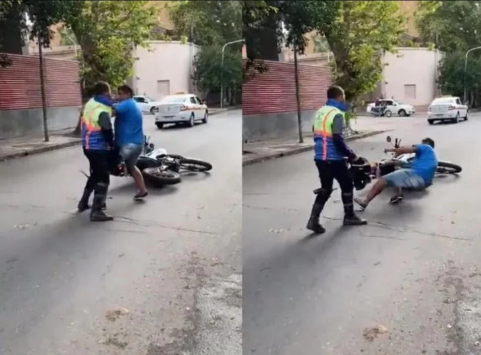 UN VIDEO. Captura de la escena en la cual un inspector de Tránsito reduce de una piña a un taxista. 