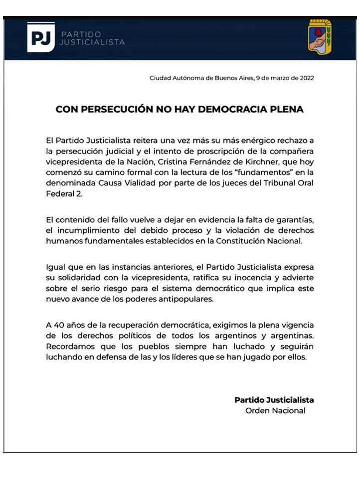 Con persecución no hay democracia plena: el repudio del PJ a la condena de Cristina Kirchner