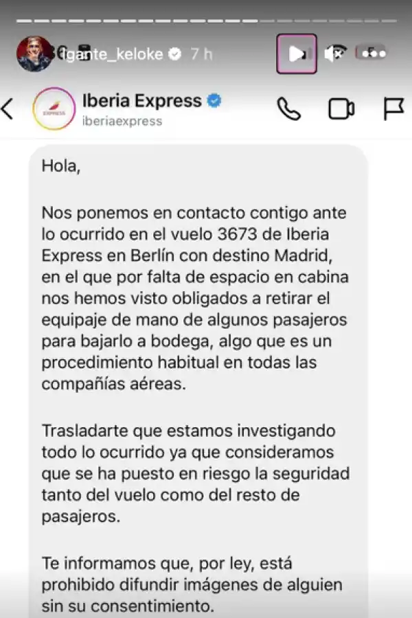 Luego de la denuncia de L-Gante, la aerolínea comunicó que “se puso en riesgo la seguridad”
