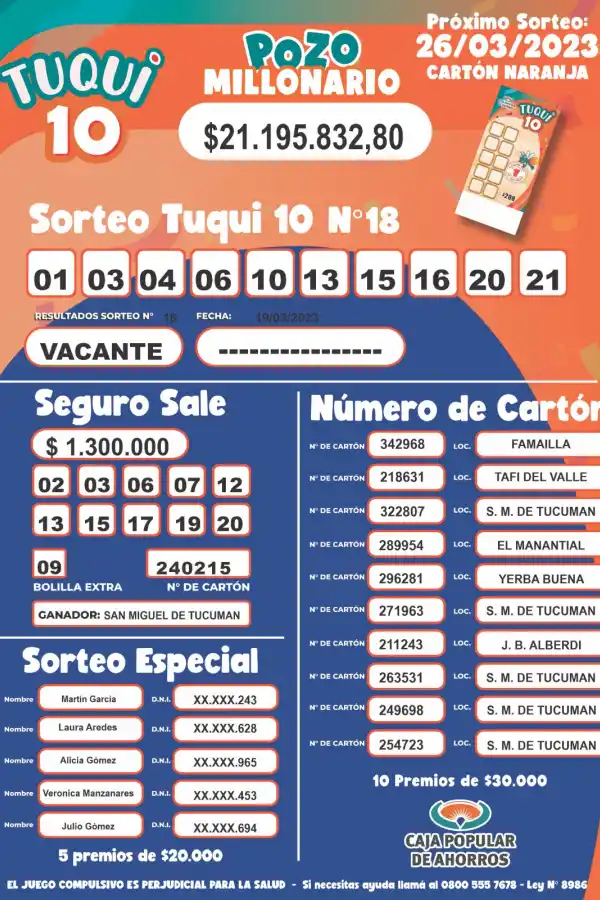 Tuqui 10: cómo fue el sorteo del domingo 19 de marzo