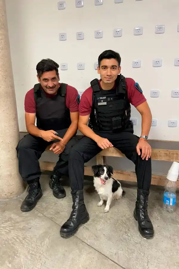 Los efectivos policiales que salvaron a la perrita se fotografiaron con ella