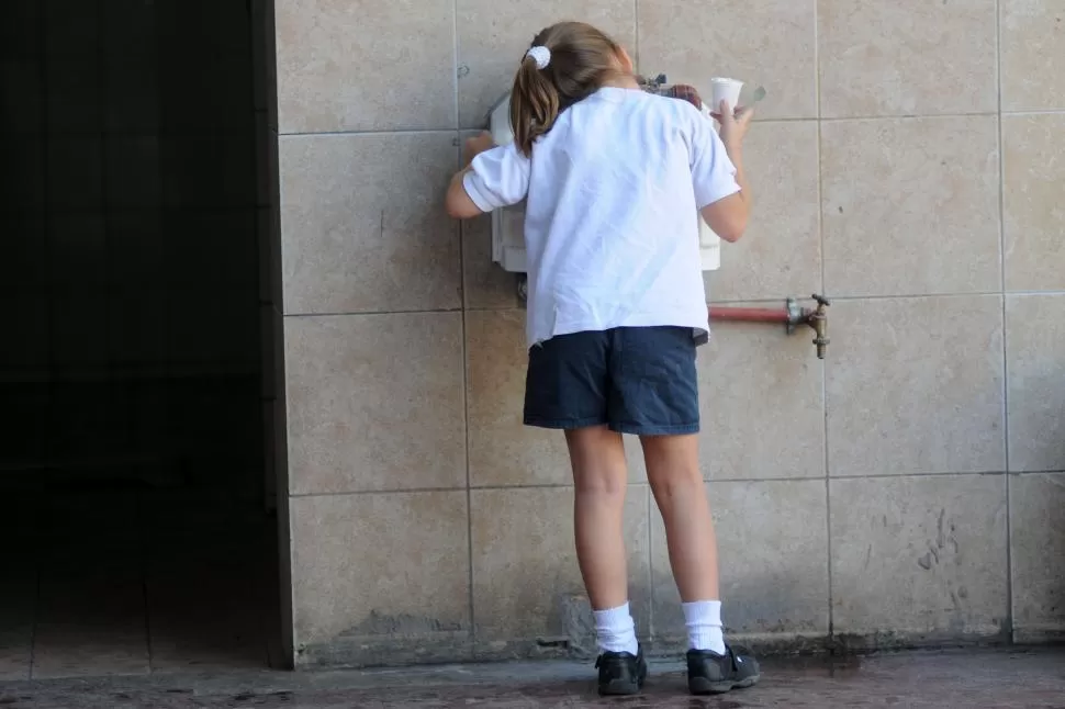 BUSCANDO FRESCO. Una alumna saca agua de un caño en la escuela 