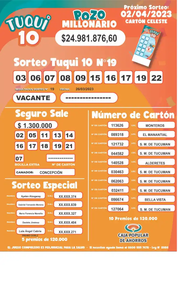 Tuqui 10: cómo salió el sorteo del 26 de marzo