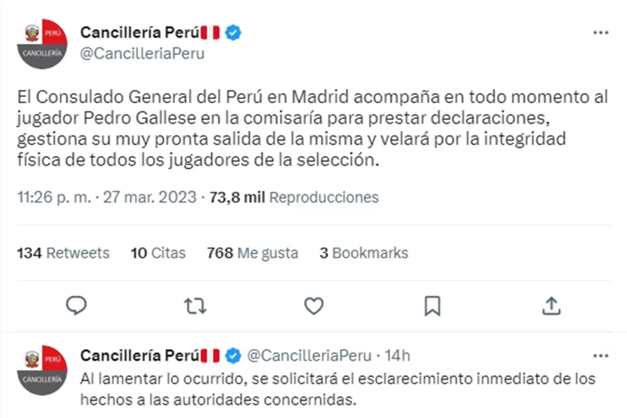El comunicado de la Cancillería de Perú sobre lo ocurrido con los jugadores en España.