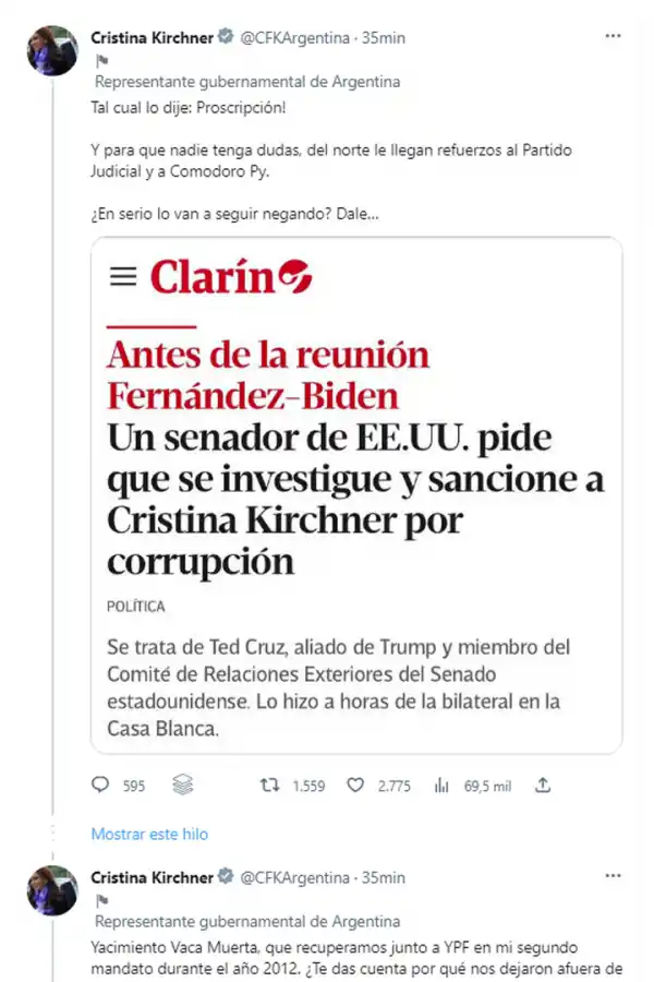 Cristina Kirchner asegura que desde Estados Unidos quieren proscribirla