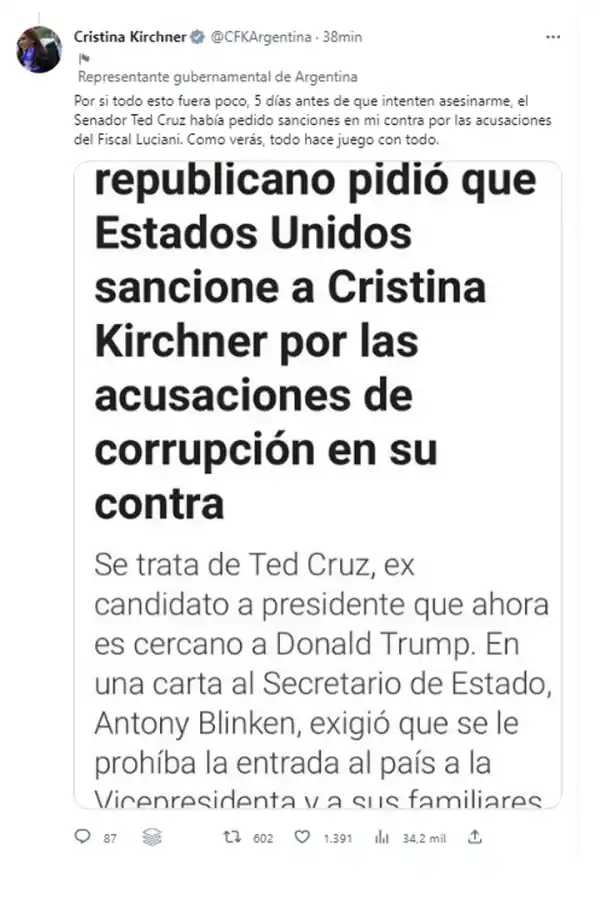 Cristina Kirchner asegura que desde Estados Unidos quieren proscribirla