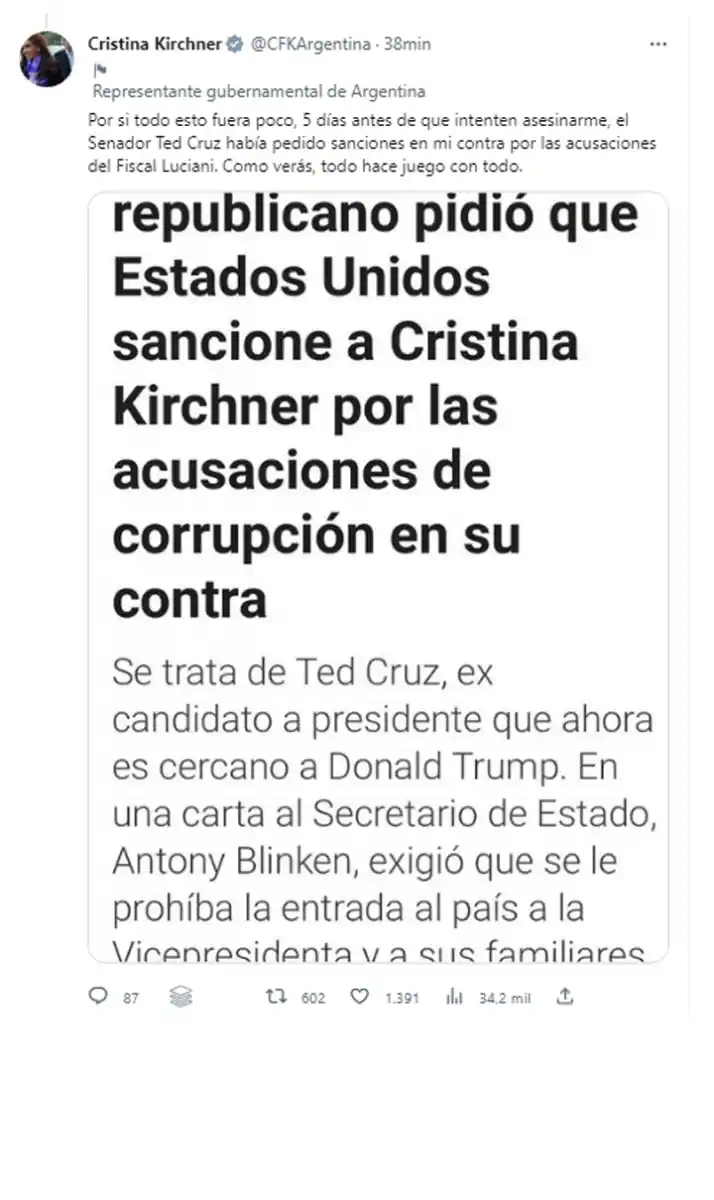 Cristina Kirchner asegura que desde Estados Unidos quieren proscribirla