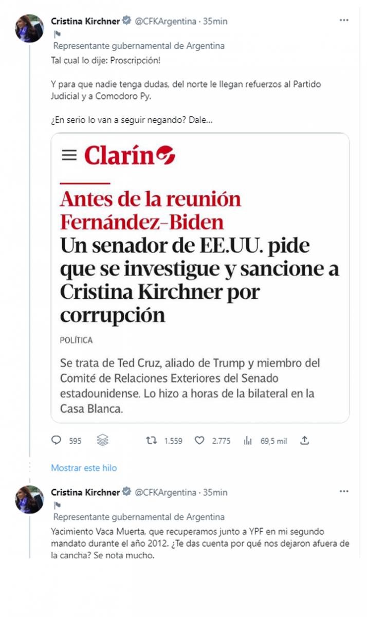 Cristina Kirchner asegura que desde Estados Unidos quieren proscribirla