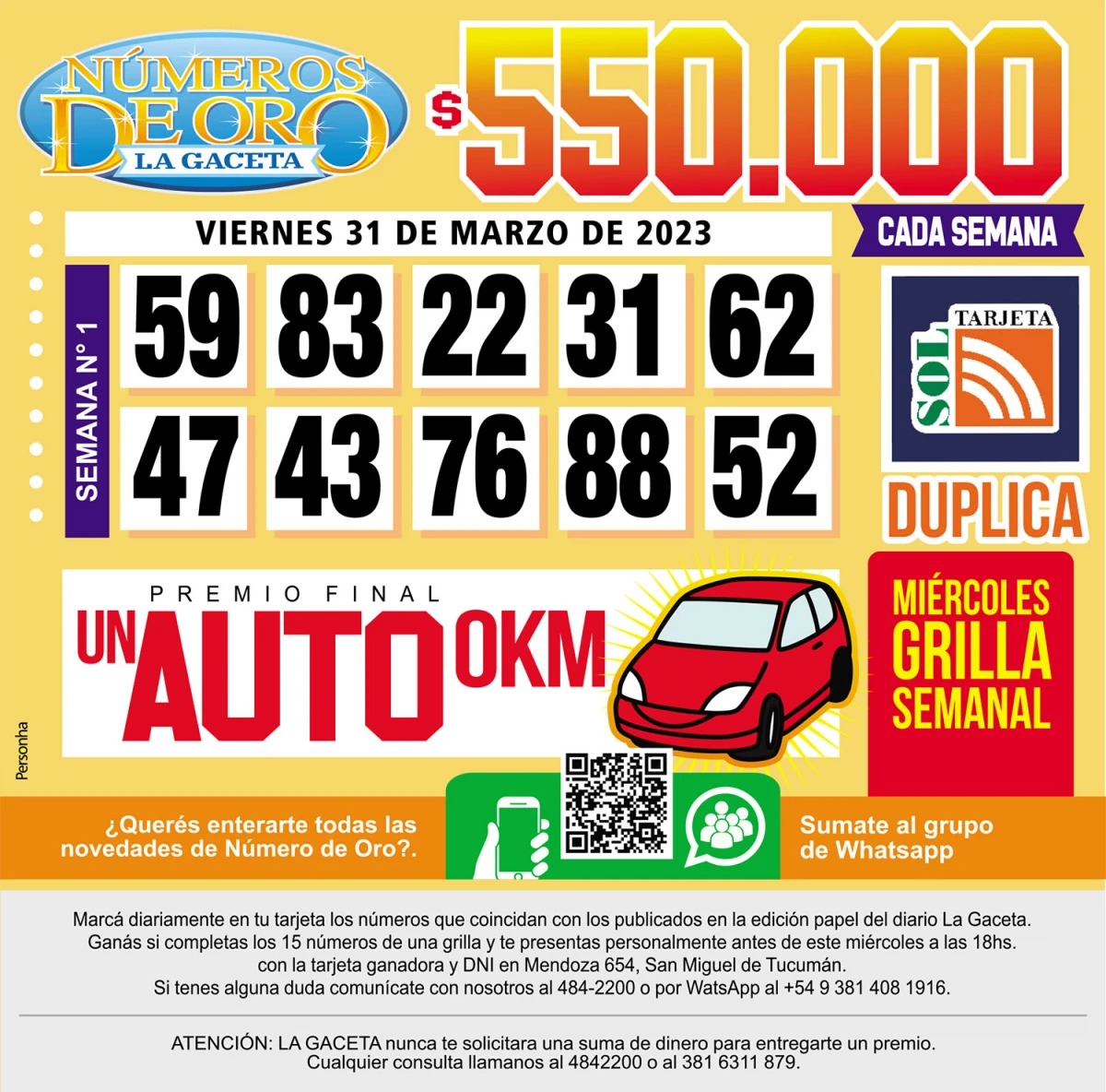 Los Números de Oro de LA GACETA del 31 de marzo de 2023