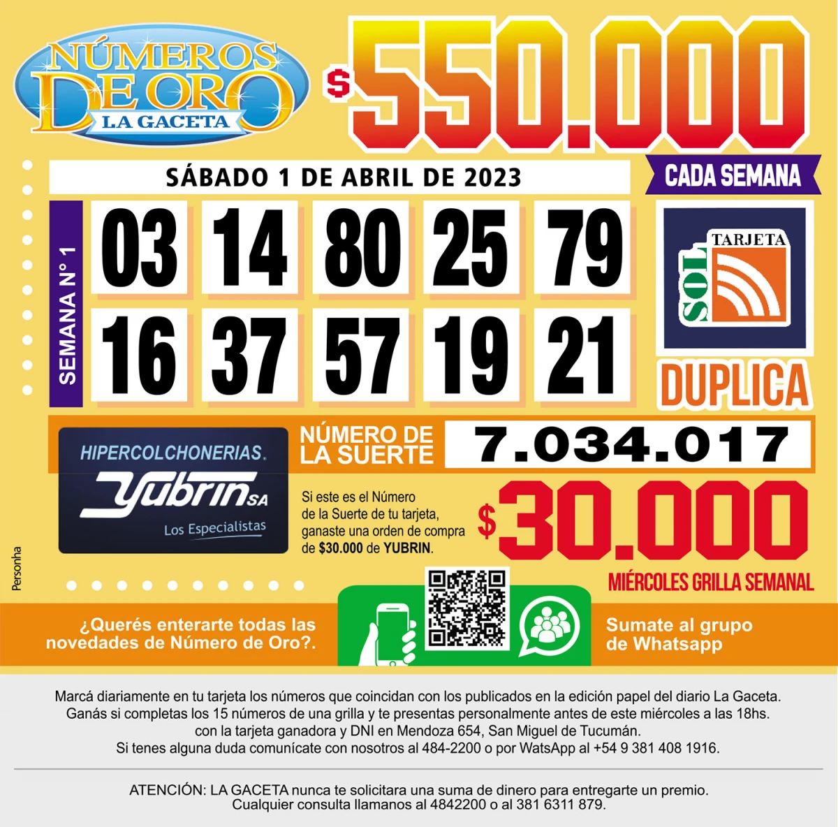 Los Números de Oro de LA GACETA del 1 de abril de 2023