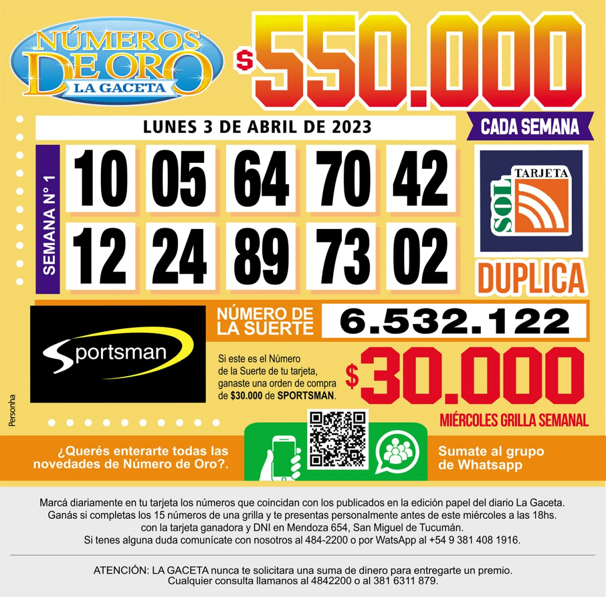 Los Números de Oro de LA GACETA del 3 de abril de 2023