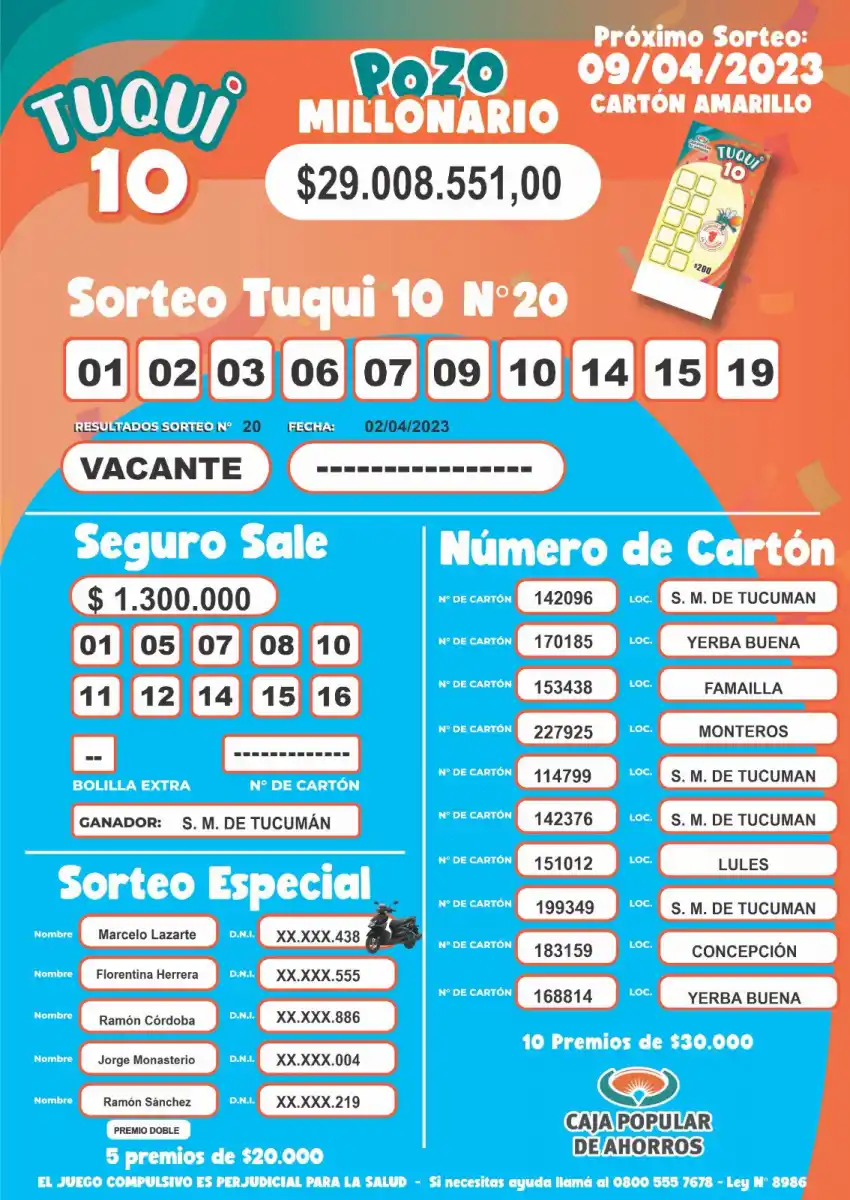 Resultados de Tuqui 10 del domingo 2 de abril