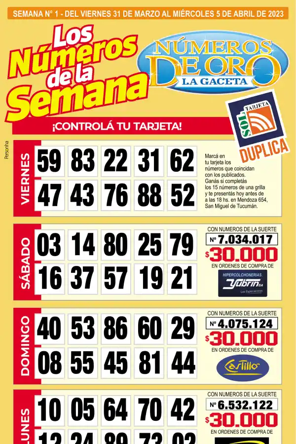 Esta es la grilla completa de los Números de Oro de LA GACETA del 5 de abril de 2023