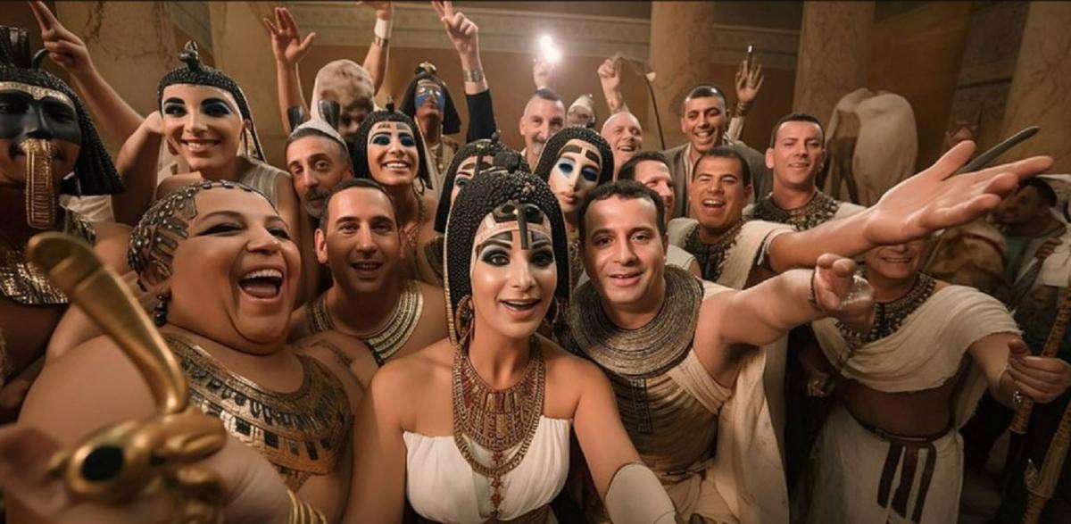 La reina Cleopatra, rodeada los suyos, posando para la selfie.     