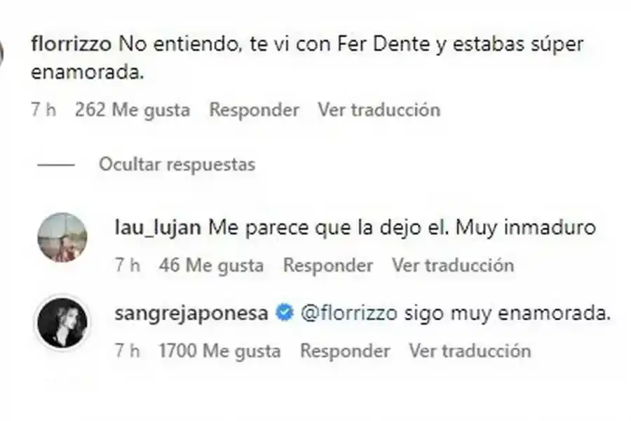 Comentario de la China Suárez en Instagram