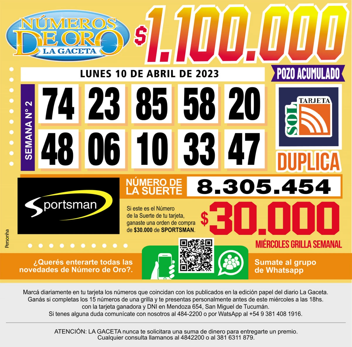 Los Números de Oro de LA GACETA del 10 de abril de 2023