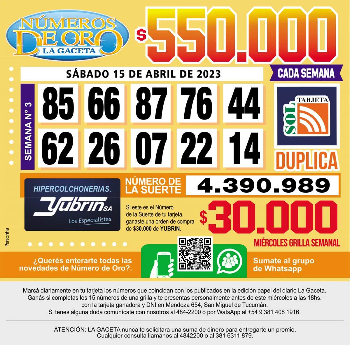 Los Números de Oro de LA GACETA del 15 de abril de 2023
