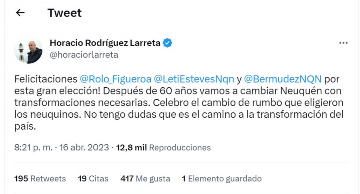 Rodríguez Larreta y Macri felicitaron a Figueroa por el triunfo en las elecciones de Neuquén