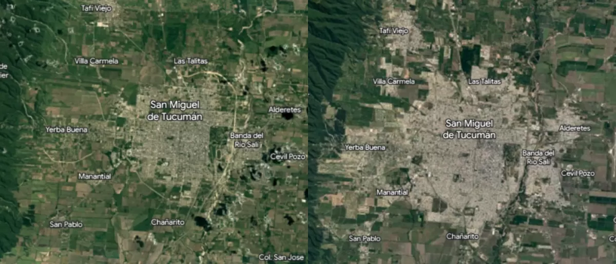 Imágenes satelitales de San Miguel de Tucumán de 1984 (izquierda) y 2022 (derecha).