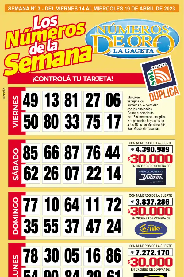 Esta es la grilla completa de los Números de Oro de LA GACETA del 12 de abril de 2023