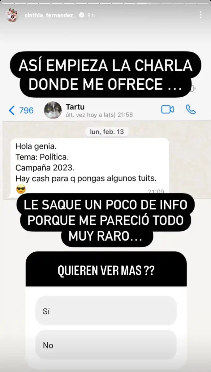 Cinthia Fernández expuso a un periodista que le ofreció dinero para “hablar de política”