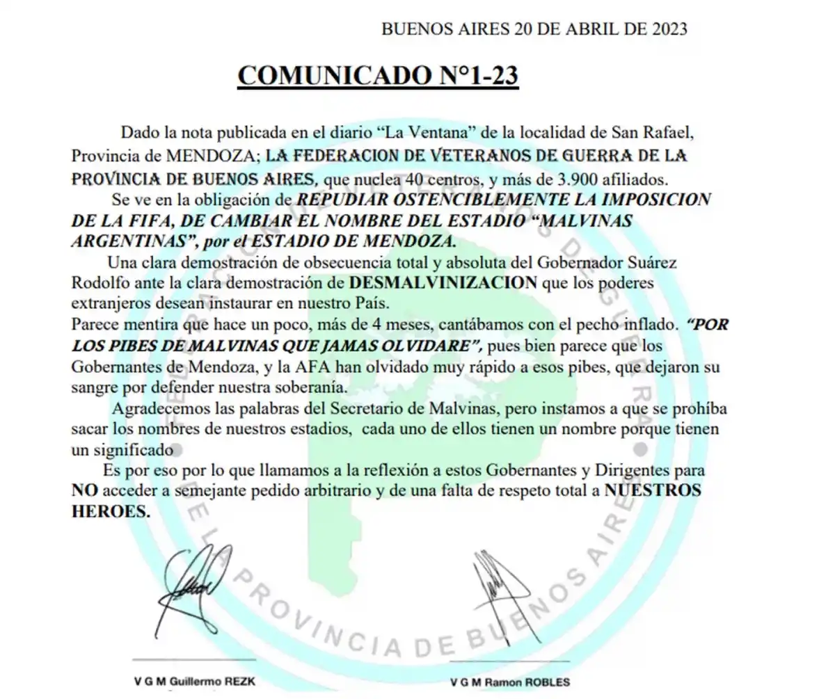 Excombatientes repudiaron que el estadio mendocino no lleve el nombre “Malvinas Argentinas” en el Mundial Sub-20