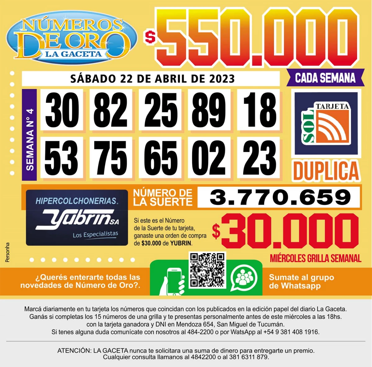Los Números de Oro de LA GACETA del 22 de abril de 2023
