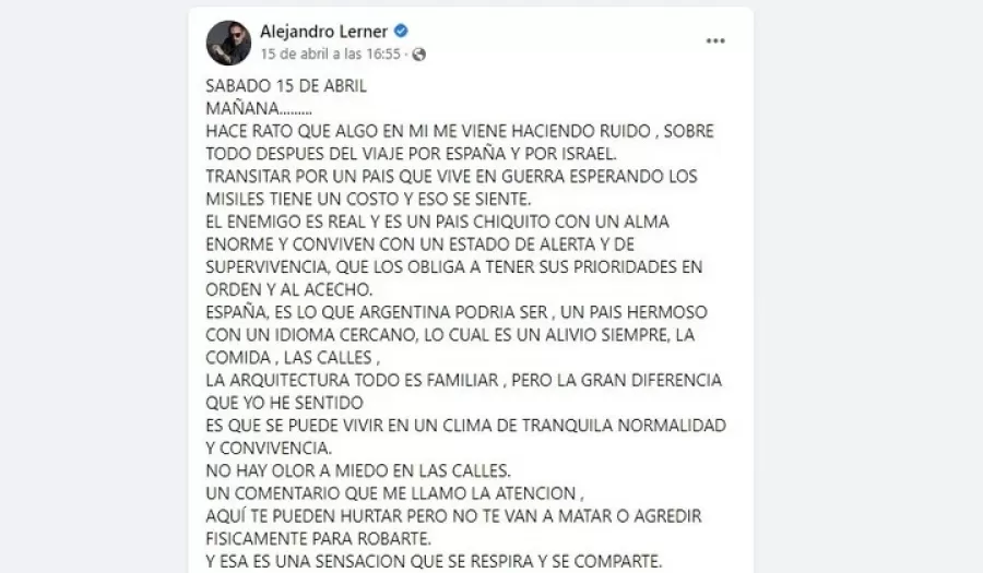 La extensa carta que publicó Alejandro Lerner sobre la compleja situación que atraviesa la Argentina.