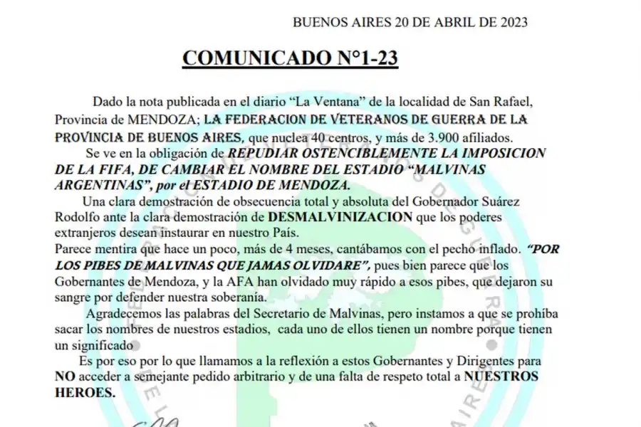 Excombatientes repudiaron que el estadio mendocino no lleve el nombre “Malvinas Argentinas” en el Mundial Sub-20