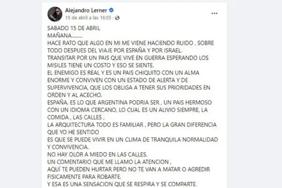 La extensa carta que publicó Alejandro Lerner sobre la compleja situación que atraviesa la Argentina.