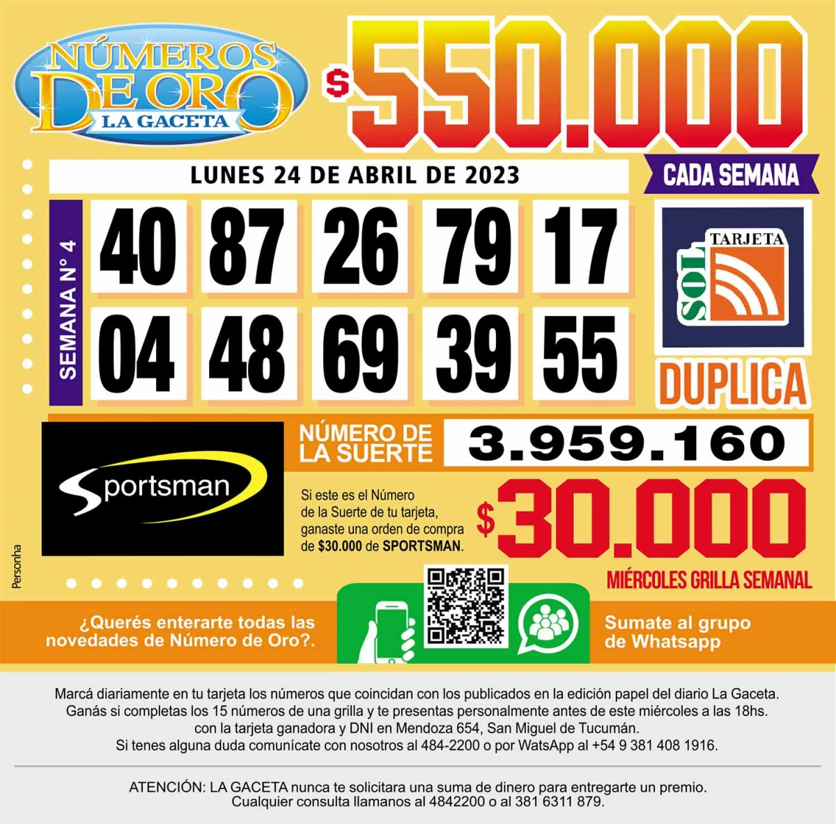 Los Números de Oro de LA GACETA del 24 de abril de 2023