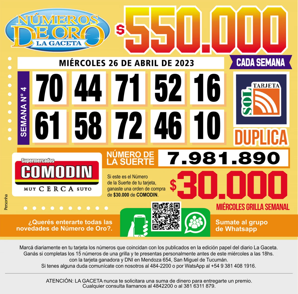 Los Números de Oro de LA GACETA del 26 de abril de 2023