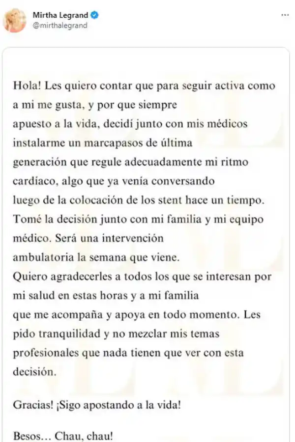 El comunicado de Mirtha Legrand en Twitter.
