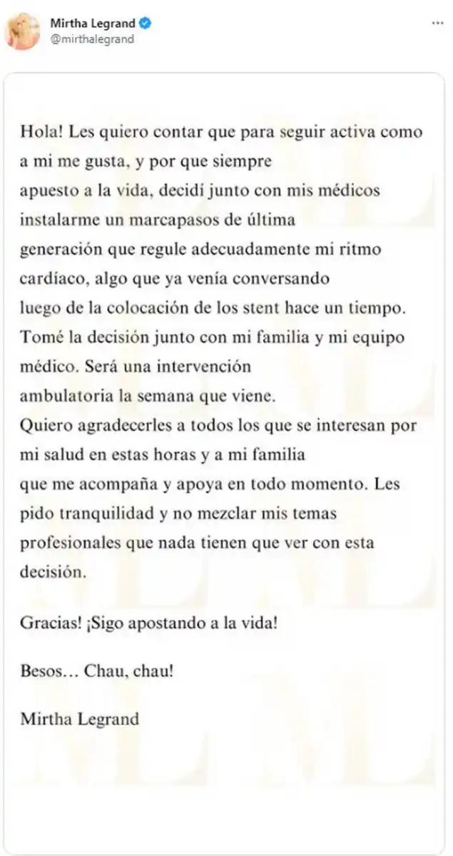 El comunicado de Mirtha Legrand en Twitter.