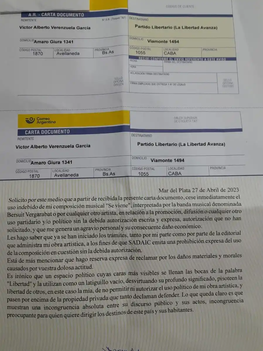 La Bersuit intimó a Javier Milei para que deje de usar su tema Se viene