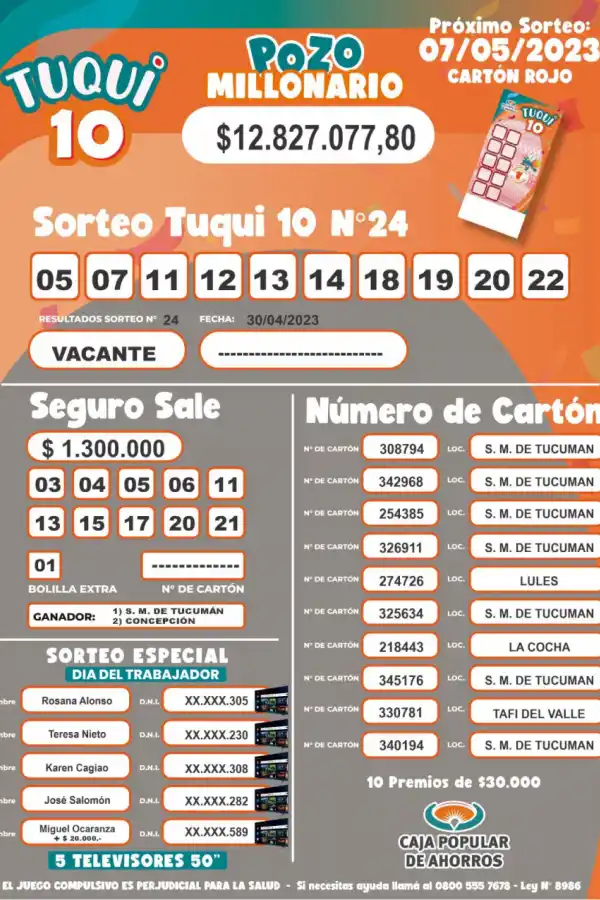 Tuqui 10: sorteo del domingo 30 de abril 2023.