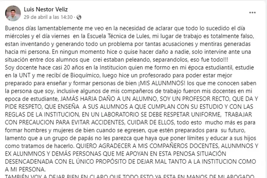 EL DESCARGO realizado por el profesor en Facebook. 