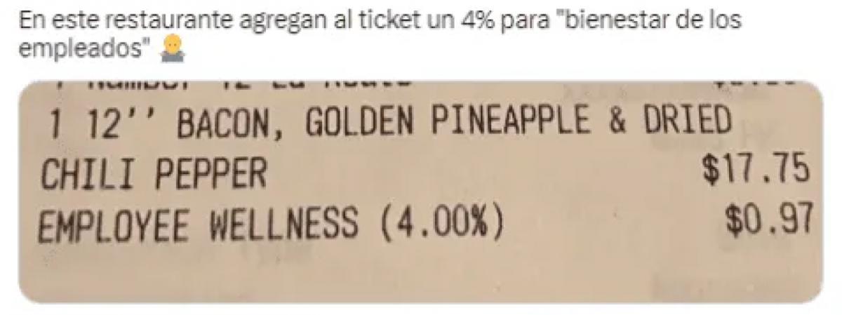 Un argentino mostró el insólito recargo que le aplicaron en el ticket de un restaurante “yanqui” (Twitter/@maxifirtman).