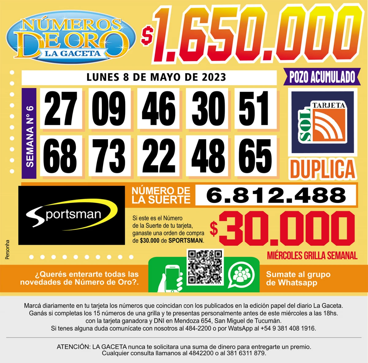 Los Números de Oro de LA GACETA del 8 de mayo de 2023