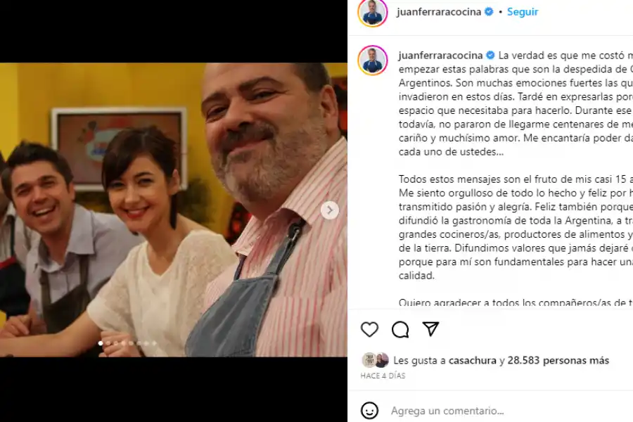 La carta de despedida de Juan Ferrara a Cocineros Argentinos