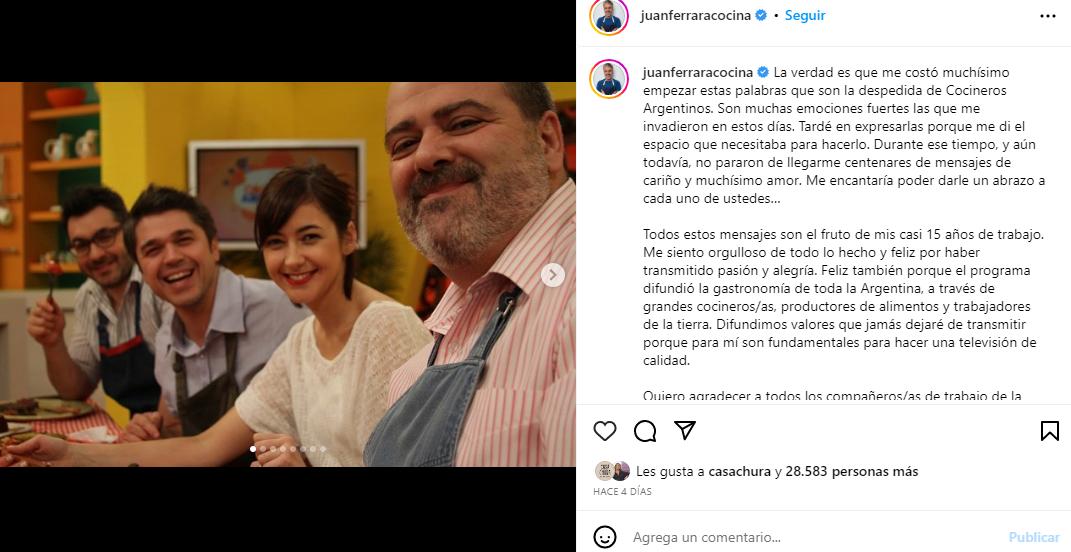 La carta de despedida de Juan Ferrara a Cocineros Argentinos