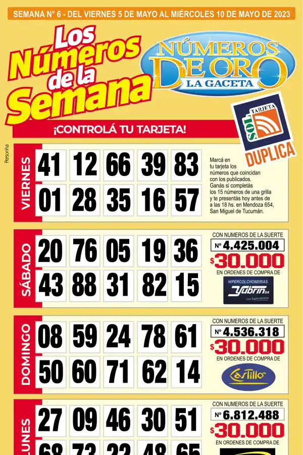 Esta es la grilla completa de los Números de Oro de LA GACETA del 10 de mayo de 2023