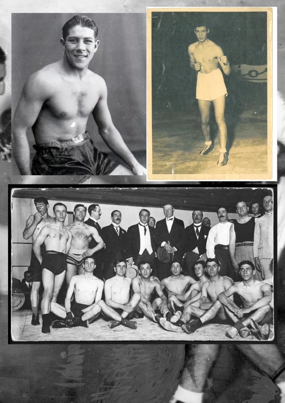 ARCHIVOS. Retratos de Justo Suárez y Alberto Tito Trejo (1947). Debajo, una imagen de Jorge Newbery y el marqués Lonsdale en el boxing club Buenos Aires (1912). 
