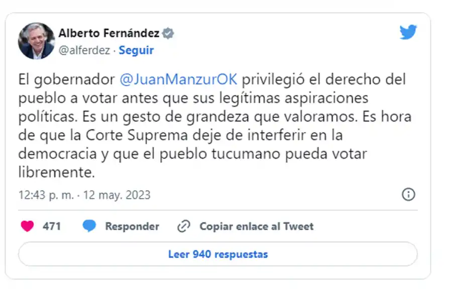 Alberto Fernández respaldó la decisión de Juan Manzur: Es un gesto de grandeza