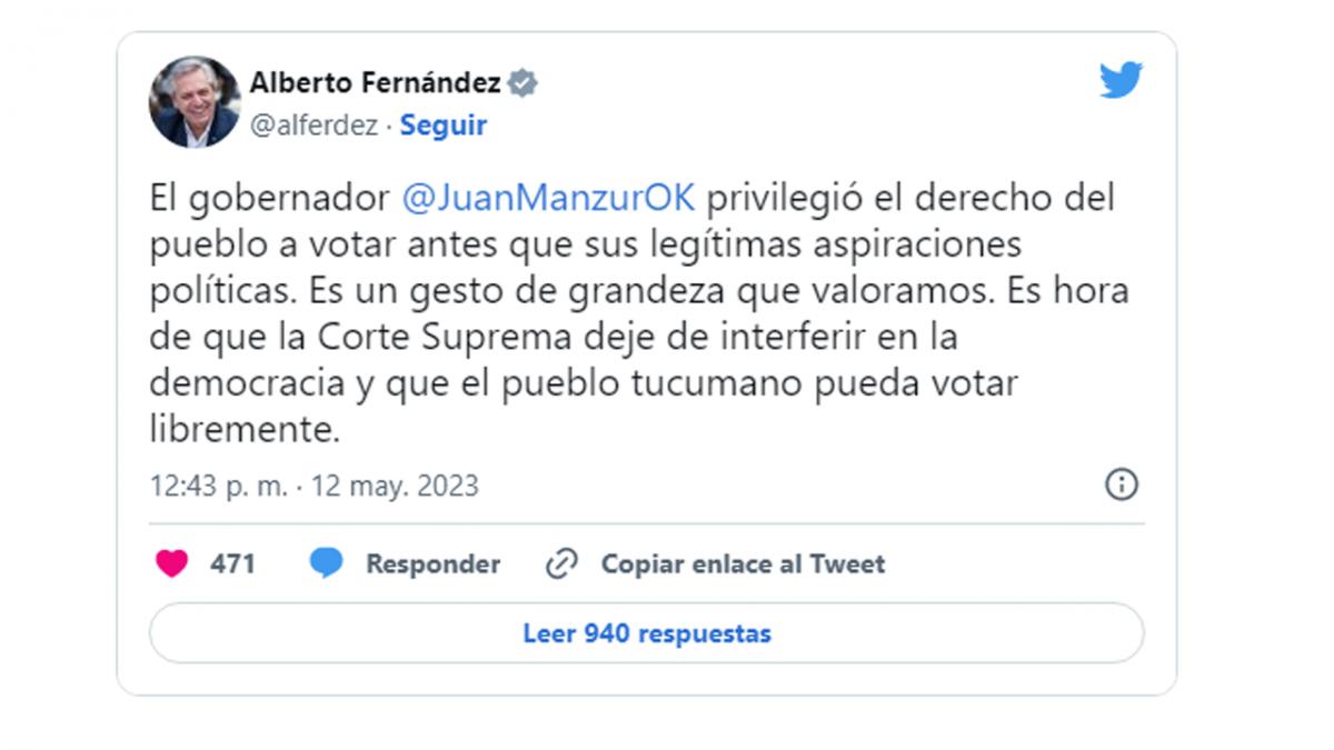 Alberto Fernández respaldó la decisión de Juan Manzur: Es un gesto de grandeza