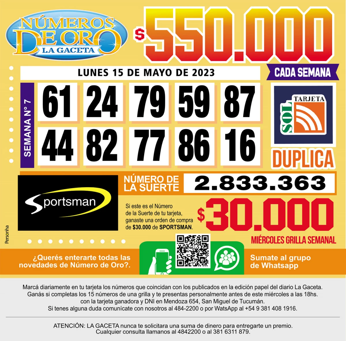 Los Números de Oro de LA GACETA del 15 de mayo de 2023